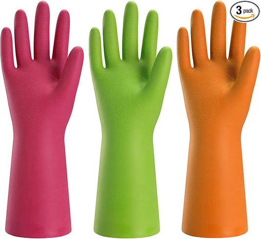 Bamllum 3 Pairs Rubber Cleaning Gloves for Household - Reusable Dishwashing Gloves for Kitchen, Flexible Long-lasting & Waterproof (Medium, Green+Red+Orange)