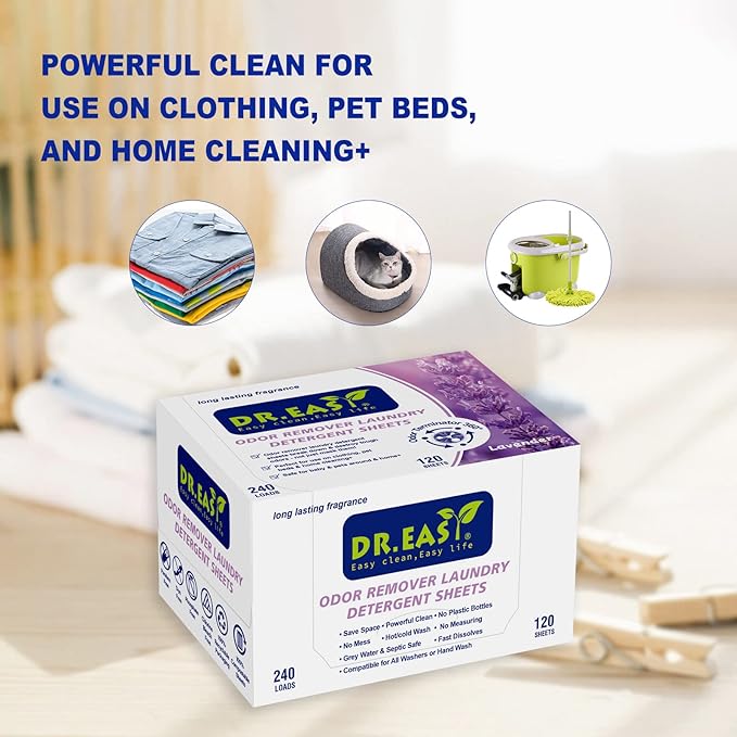DR.EASY Odor Remover Laundry Detergent Sheets 240 loads Mountain Fresh,Easy To Carry Great For Travel,safe for pets,No mess No Dyes biodegradable formula