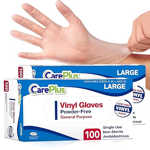 CARE PLUS Vinyl Gloves Clear Large Size 200 Count | Heavy Duty, Non-Sterile, Powder-Free, Latex-Free Rubber | Food Prep, Kitchen & Cleaning Gloves, Ideal for Professional Use