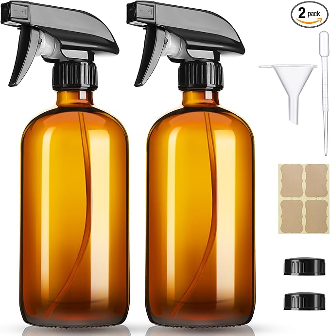 16oz Amber Glass Spray Bottles,2 Pack Glass Spray Bottles Refillable Empty Bottle with Adjustable Nozzle,Spray Bottle for Essential Oils,Cleaning,Pets,Hair Mister