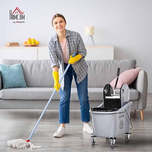 HOMCOM 9.5 Gallon (38 Quart) Mop Bucket with Wringer Cleaning Cart, 4 Moving Wheels, 2 Separate Buckets, & Mop-Handle Holder, Grey