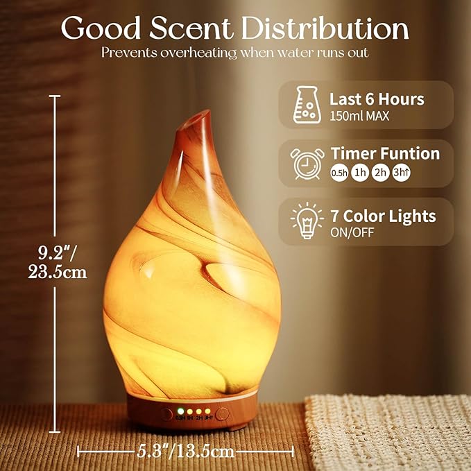 Porseme 150ml Essential Oil Diffuser Glass Color Changing Aroma Air Diffusers Aromatherapy Ultrasonic Cool Mist Humidifier 6 Running Hours Waterless Auto-Off for Sleeping Yoga (Reddish Brown)