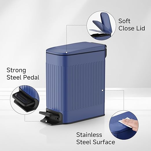 TIPGO Slim Bathroom Trash Can with Lid Soft Close, Step Pedal, 6 Liter / 1.6 Gallon Stainless Steel Trash Bin, Small Garbage Cans for Bedroom, Office, Kitchen (Blue)