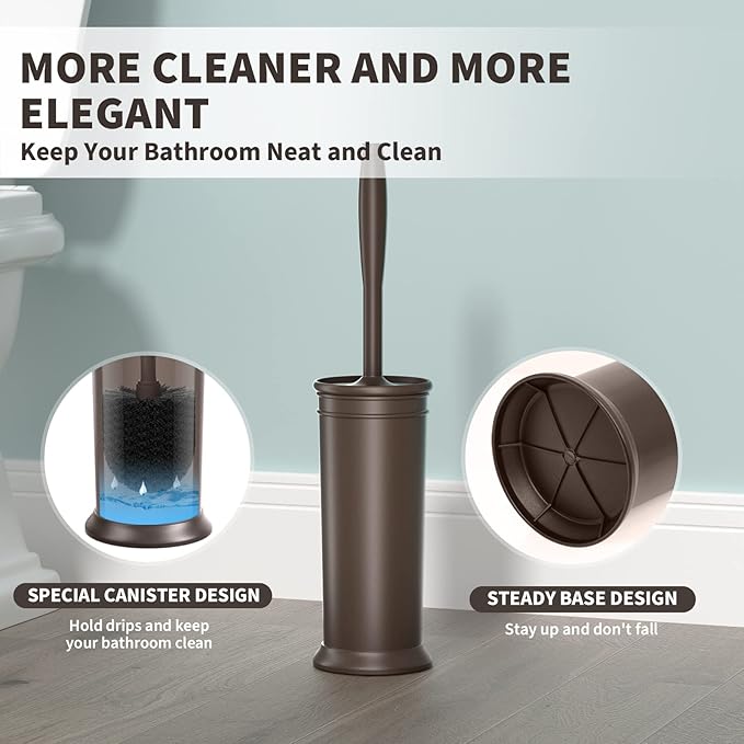 UPTRONIC Toilet Brush, Toilet Bowl Brush with Extra Long Handle Durable Bristles Toilet Scrubber and Covered Holder for Toilet Brush Set for Bathroom Cleaning (Brown, 1 Set)