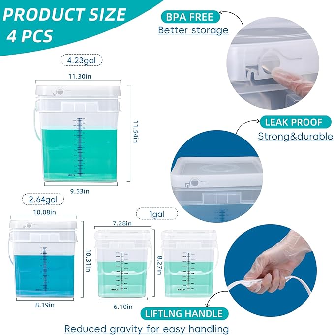 ASEVAT 4Pack Clear Bucket Graduated Pail Container with Lid, Square Food Grade Buckets, Cleaning Containers Plastic Pails Extra Durable Handles with Grip for Easy Carrying