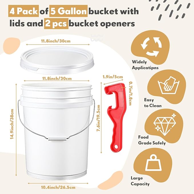 4 Pack 5 Gallon Plastic Bucket with Airtight Lid for Food Storage Heavy Duty Reusable White Bucket Pail Container with Metal Handles and Plastic Grip, with 2 Pcs Red Lid Opener