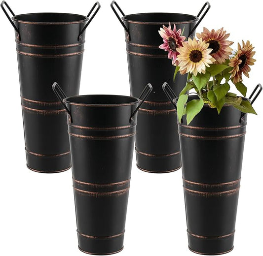 4 Pack 9 Inch Tall Galvanized Flower Bucket, Black Farmhouse French Flower Bucket with Handle, Small Rustic Vintage Metal Vases for Flower, Centerpieces, Floral Arrangements