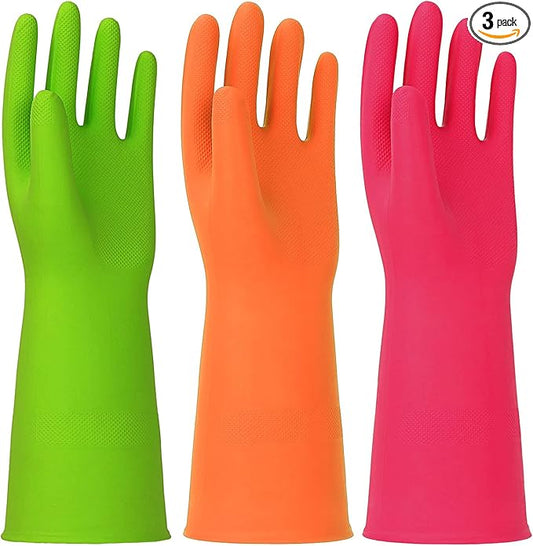 3 Pairs Rubber Cleaning Gloves Latex Free Dishwashing Gloves - 13" Reusable Nitrile Gloves Small, Green+Orange+Red
