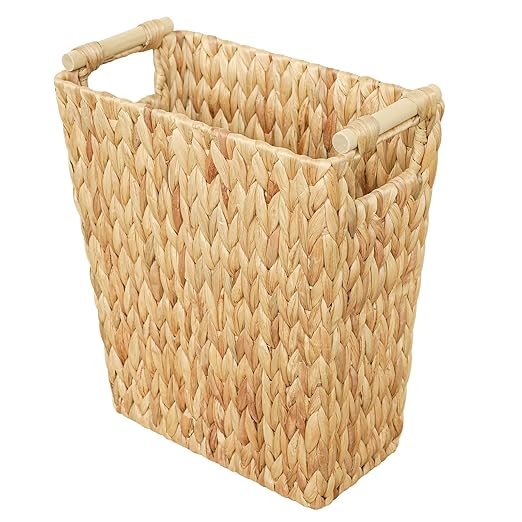6 Gallon Wicker Trash Can with Wooden Handle,Wicker Waste Basket for Bathroom,Bedroom,Large Narrow Water Hyacinth Trash Basket,Rattan Boho Decor Farmhouse Bathroom Trash Can