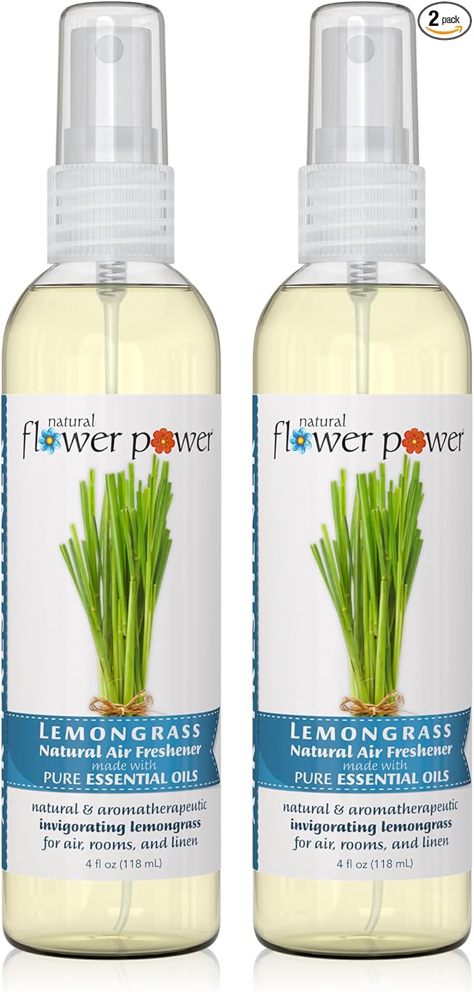Natural Flower Power Air Freshener Spray - Odor Eliminator with Essential Oils for the Home, Car & Fabric - Cruelty Free & Vegan - Lemongrass - 2 x 4 oz
