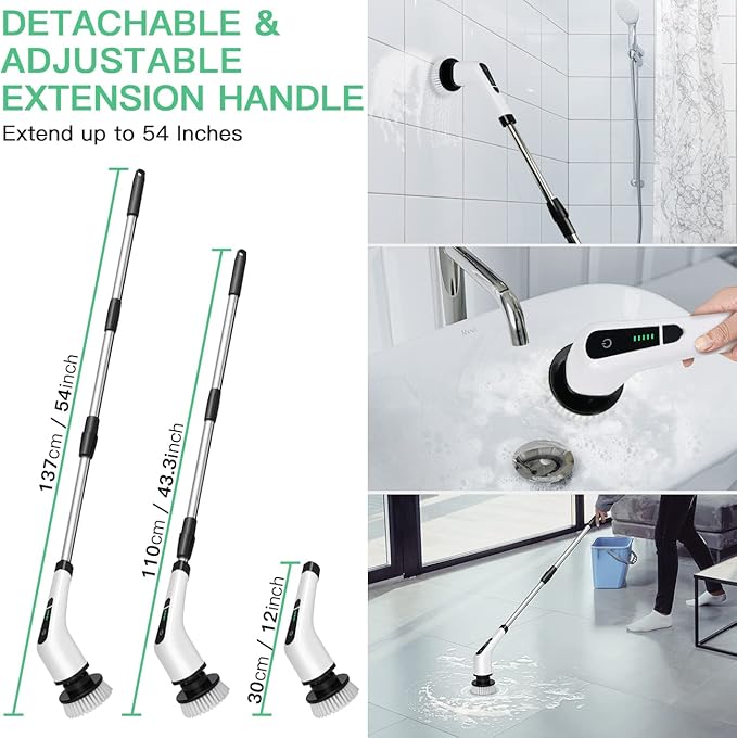 Electric Spin Scrubber Cordless Bath Tub Power Scrubber Bathroom Cordless Cleaning Brush with 7 Replaceable Drill Brush Heads Shower Cleaning Scrubbers with Adjustable Handle for Bathroom Kitchen