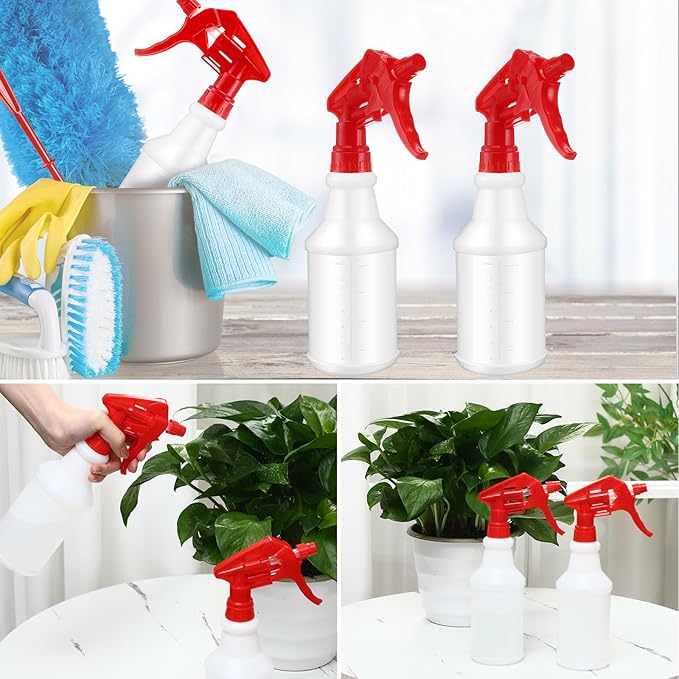 Eccliy 20 Pack 16oz Empty Spray Bottles, Leakproof Cleaning Bottles with Measurement and Adjustable Nozzle for Housekeeping, Commercial Use(Cylinder,Red Spray Head)