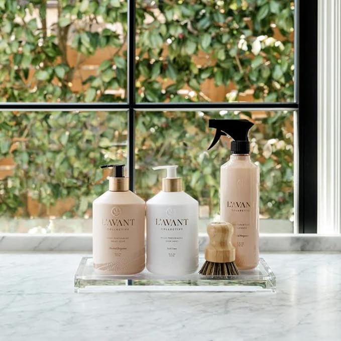 L'AVANT Collective Luxury Home Essentials Bundle High Performing Dish Soap, Hand Soap, Multipurpose Cleaner Spray, Scrub Brush, Lucite Tray Luxurious Ingredients Reusable Bottles (Blushed Bergamot)