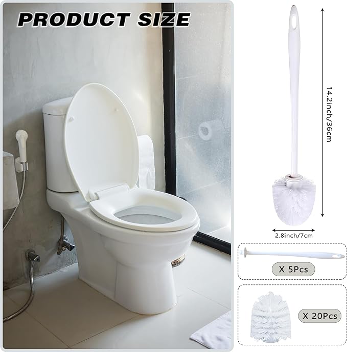 14.2 Inch Toilet Brushes White 5 Handles with 20 Replaceable Brush Heads Disposable Toilet Brush Set Bathroom Cleaning Brush Soft Bristle Long Handle Plastic Toilet Scrubber