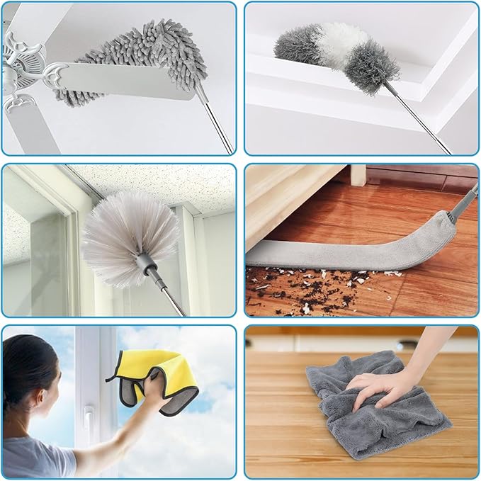 Microfiber Duster Kit 27pcs with 30 to 100 Inches Extension Pole and Wall Cleaner Mop, Washable and Bendable Feather Duster for Cleaning Ceiling Fans, High Ceilings, Cobwebs, Blinds, Grey