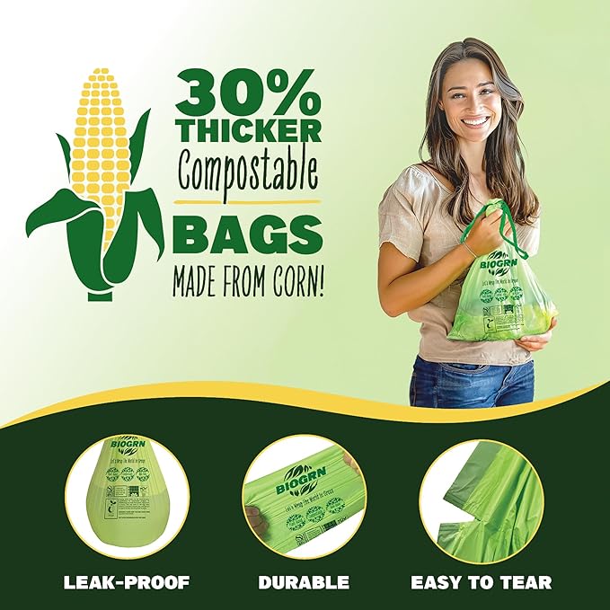 2.6-3 Gallon Compostable Trash Bags Drawstring 50 Bags Extra Thick 1 Mil 11.36 Liter Small Biodegradable Trash Bags for Kitchen Countertop Bin ASTM D6400, US BPI and OK Compost Home Certified