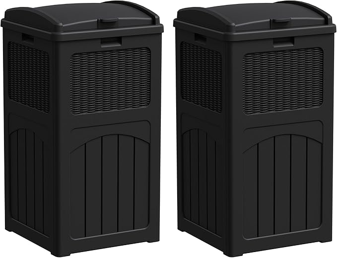 Greesum 33 Gallon Outdoor Trash Can with Lid (2-Pack), Heavy Duty Resin Garbage Bin, Waterproof & UV Resistant for Patio, Garden, Deck, Yard, Dark Black