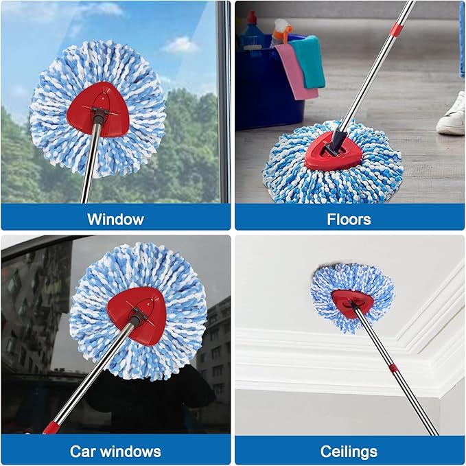 RinseClean Spin Mop Head Refill for Vileda EasyWring 2-Tanks System - Rotating Microfiber Triangle Replacement Pads Washable & Reusable fit All Floor - 4 Cloth 1 Mop Base 1 Handle and 1 Brush