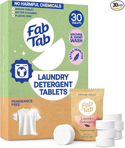 Fab Tab Laundry Detergent Tablets, Plant-Based Formula, Removes Tough Stains, Plastic-Free Alternative to Pods, All Washing Machines (30 Count, Unscented)