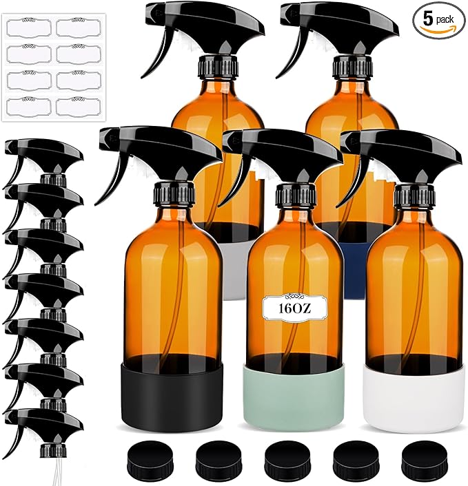 5 Pack/16 Oz Glass Spray Bottles, Refillable Empty Containers with Silicone Sleeve, Upgraded Adjustable Nozzle Spray Bottle Sets for Cleaning, Essential Oils, Hair (Amber)