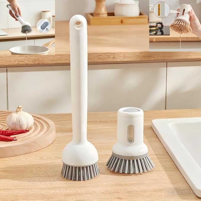 Adjustable Dish Brush with Soap Dispenser, Non-Scratch PET Bristles, Ergonomic Handle, Kitchen Cleaning Tool for Pots, Pans & Sink (Grey, Combination Style (1 Long + 1 Short))