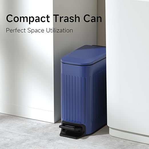 TIPGO Slim Bathroom Trash Can with Lid Soft Close, Step Pedal, 6 Liter / 1.6 Gallon Stainless Steel Trash Bin, Small Garbage Cans for Bedroom, Office, Kitchen (Blue)
