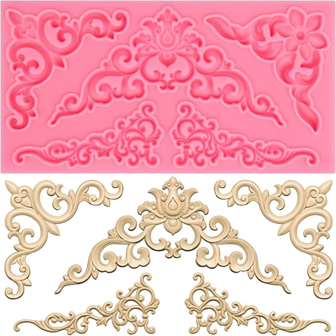 Baroque Corner Silicone Molds, Curlicues Relief Scroll Chocolate Cake Border Molds, Filigree Flower Lace Fondant Baking Molds for Cake Decoration Cupcake Topper Candy Gum Paste Clay Resin