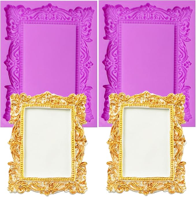 Baroque Photo Frame Fondant Silicone Molds, 3D Picture Mirror Frame Cake Decoration Molds for Chocolate Candy Sugar Craft Gum Paste Cookies Resin Clay Set of 2