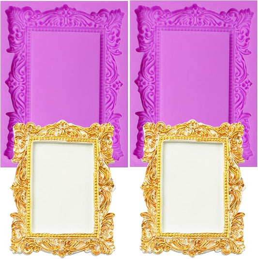 Baroque Photo Frame Fondant Silicone Molds, 3D Picture Mirror Frame Cake Decoration Molds for Chocolate Candy Sugar Craft Gum Paste Cookies Resin Clay Set of 2