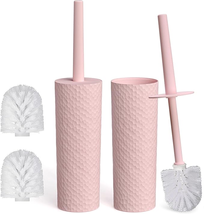 Topsky 2 Pack Compact Toilet Brush & Holder Set, Plastic Round Barrel Loo Brush with 2 Replacement Toilet Brush Head, Durable for Bathroom Toilet, Pink