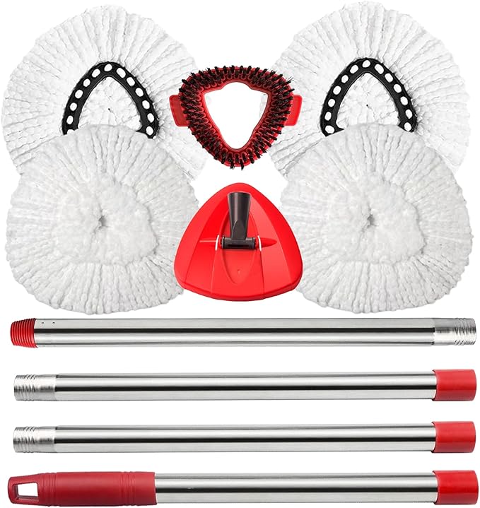 Spin Mop Replacement Head Mop Replace Head Compatible with O Cedar EasyWring Spin Mop - 4 O-Ceda Mop Refills、30-58in Mop Handle and 1 Mop Base and 1 Mop Base Scrub Brush Combo Set