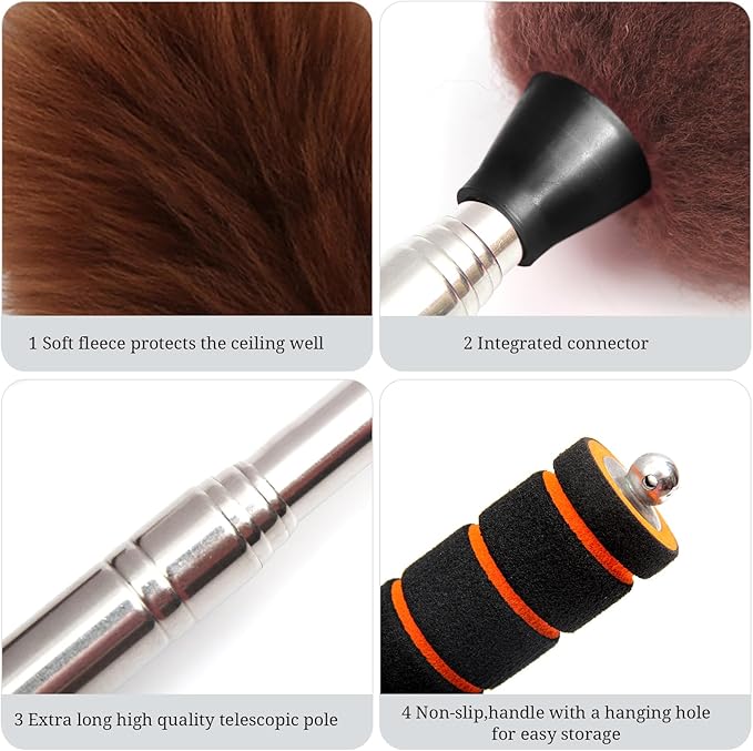 Lambs Wool Extendable Household Cleaning Duster 64" Wall Duster Cleaner with Stainless Steel Long Handle and Extension Pole for Cleaning High Ceiling Fan Interior Roof, Brown