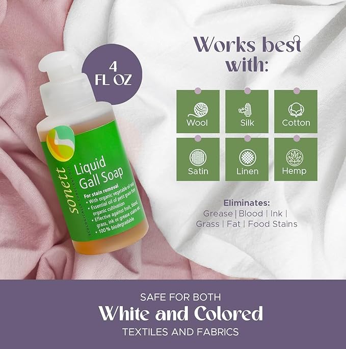 Sonett Organic Liquid Stain Remover For Clothes- Concentrated Laundry Stain Remover Detergent Gall Soap For Deep Cleaning- Highly Effective Against Ink, Blood, Grease, Fruit Stains- 4oz, Pack of 1