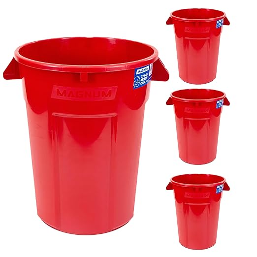 Magnum 32 Gallon Trash Can, High-Vis Red, Construction Grade, Heavy Duty Plastic, Jobsite Ready for Handling and Holding Garbage CMTC-C000-32R04 (4 Pack)