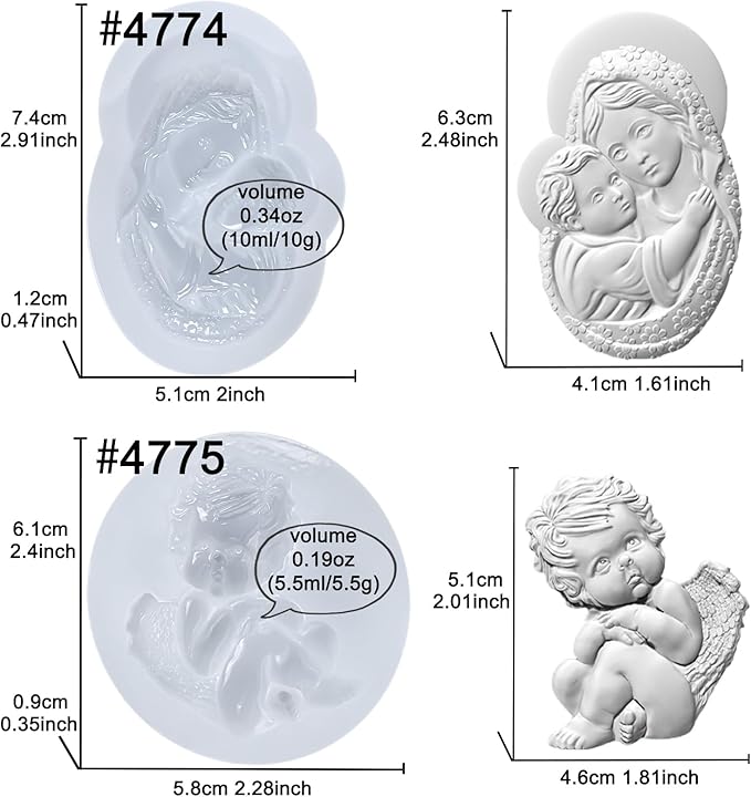 Art Molds for Polyclay Air Dry Clay Plaster, Carved Holy Family Mother and Cherub