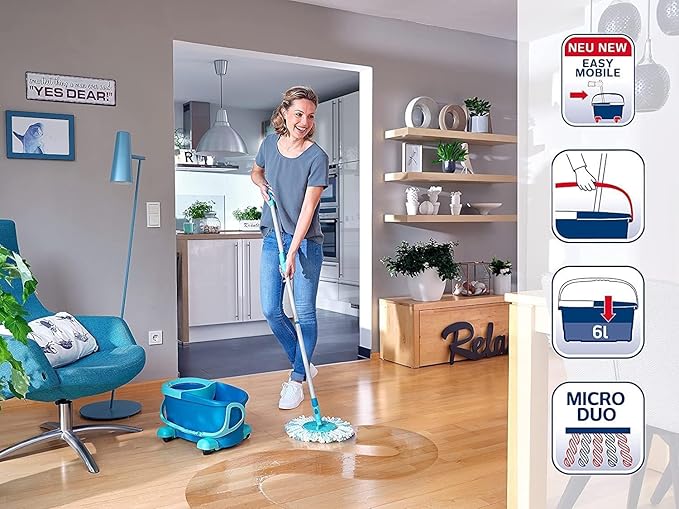 Leifheit Clean Twist Spin Mop and Bucket Set with Rollers | Telescopic Handle, 360° Joint, Spin-Dry System | Easy Glide Wheels | Blue