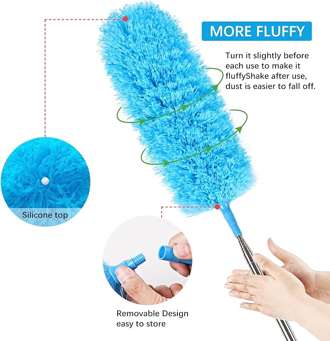 Rainbow Extendable Static Duster Reusable Microfiber Duster with 100" Telescoping Pole, Beandable and Washable Dusters Head for Cleaning Ceiling, Fan, Furniture