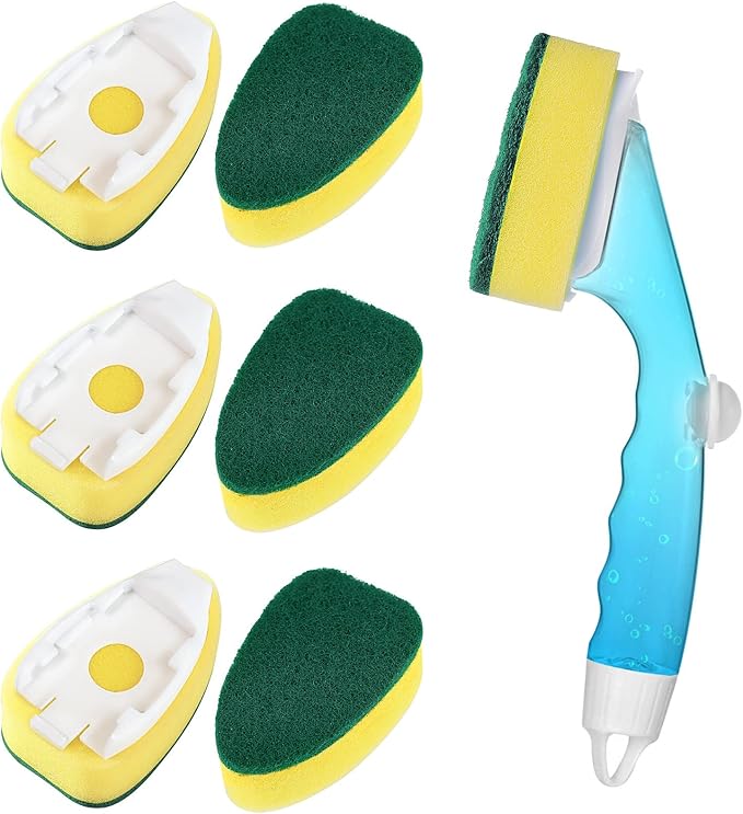 Non Scratch Dishwand Refills Handle, Dish Wand Refill Pack, 6 Heavy Duty Replacement Sponge Heads Set, Soap Dispenser Scrubbers, Dishwashing Scrub Dispensing Brush Pads, Dishwasher Cleaning Tool kit