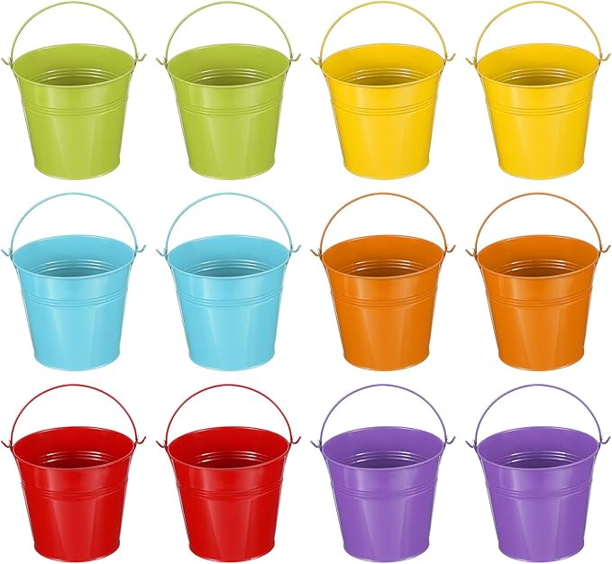 PATIKIL 5"x4.7" Small Metal Buckets with Handle, 12 Pcs Mini Bucket Easter Buckets, Green/Yellow/Orange/Blue/Red/Purple