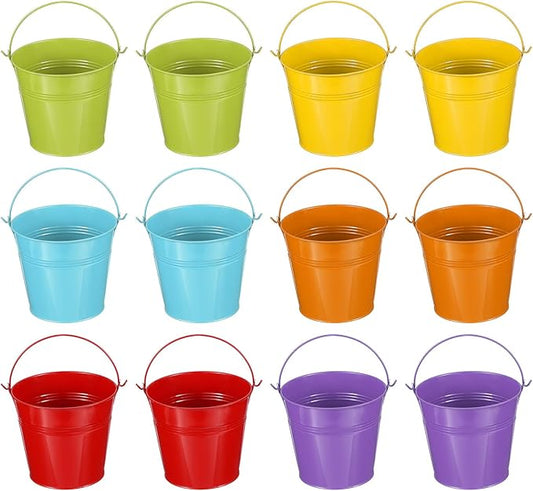 PATIKIL 5"x4.7" Small Metal Buckets with Handle, 12 Pcs Mini Bucket Easter Buckets, Green/Yellow/Orange/Blue/Red/Purple