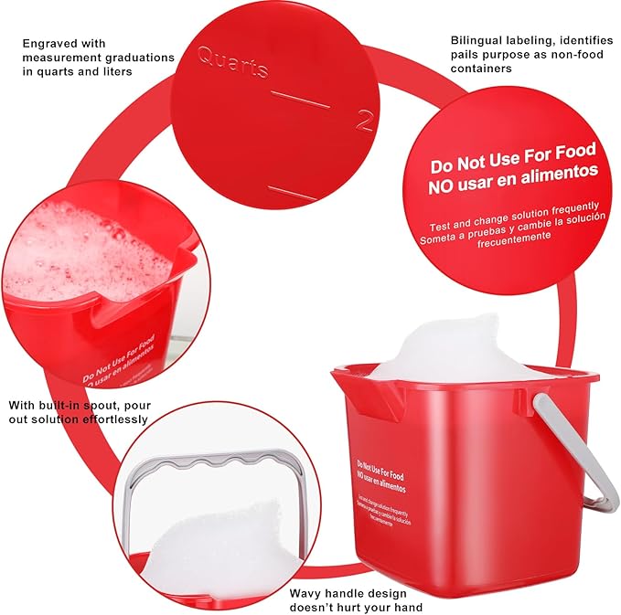6 Pcs 6 Quart Cleaning Bucket Small Sanitizing Square Bucket Detergent Pail for Home Commercial Restaurant Kitchen Office School (Red, Green)