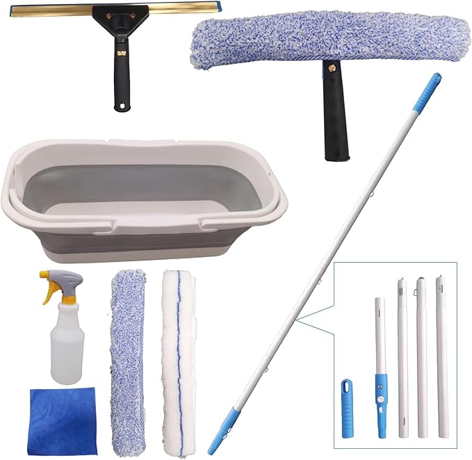 Pro Window Cleaning Kit with Storage Bucket, with 4 13 inch Extension Rods, Scrubber, Spray Bottle, Rag and Scraper with Rotating Head - Car/Home Glass Cleaning System