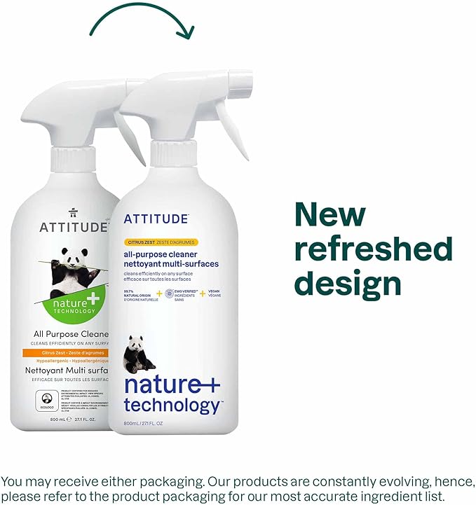ATTITUDE All Purpose Cleaner Spray, EWG Verified, Vegan, Made with 94% Plant-Based Ingredients, Streak-Free for Kitchen, Bathroom, Glass & More, Citrus Zest Scent, 27.1 Fl Oz