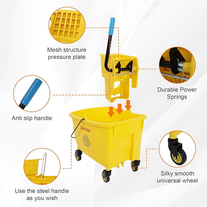 FAHKNS Commercial Mop Bucket with Wringer, 35 Quart Industrial Mop Bucket with Commercial Mop, [No Need to Change Water Frequently], Mop and Bucket Set