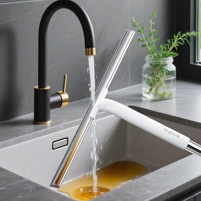 Rubber Floor Squeegee for Smooth Surface Concrete Floor, Tile Floor, Heavy Duty Garage Shower Floor Squeegee Broom for Removing Water, Commercial Scrubber Mop with Adjustable Long Handle