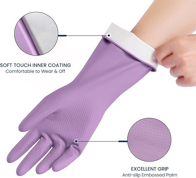 Rubber Cleaning Gloves for Dishwashing, 4 Pairs Reusable Kitchen Gloves for Washing Dishes and Household Cleaning, Purple Dish Gloves with Flocked Lining and Non-Slip Grip, Pefect for Woman Men - S