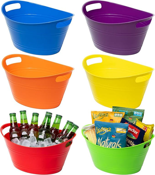 Tiawudi 6 Pack Ice Buckets with Handles, Ice Drink Tub for Party & Bar, Wine Beer Champagne Beverage Bottle Cooler, Plastic Storage Tub, Oval Storage Basket for Home, 4.5 Liter Each, Multi-Color