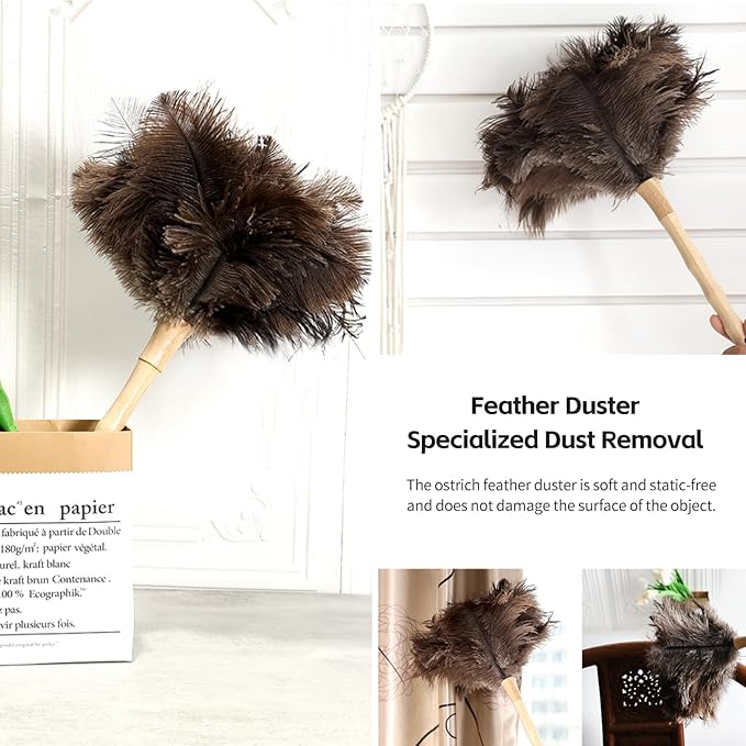 Ostrich Feather Duster 16 inch Feather Duster Fluffy Natural Genuine Ostrich Feathers with Wooden Handle and Eco-Friendly Reusable Handheld Ostrich Feather Duster for Cleaning Supplies