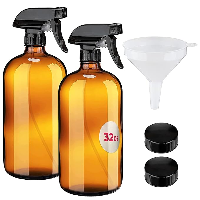 kitchentoolz Large 32oz Amber Glass Gardening Spray Bottles with Funnel - Refillable Trigger Sprayer Container for Plant Misting, Hair Salon, Indoor and Outdoor