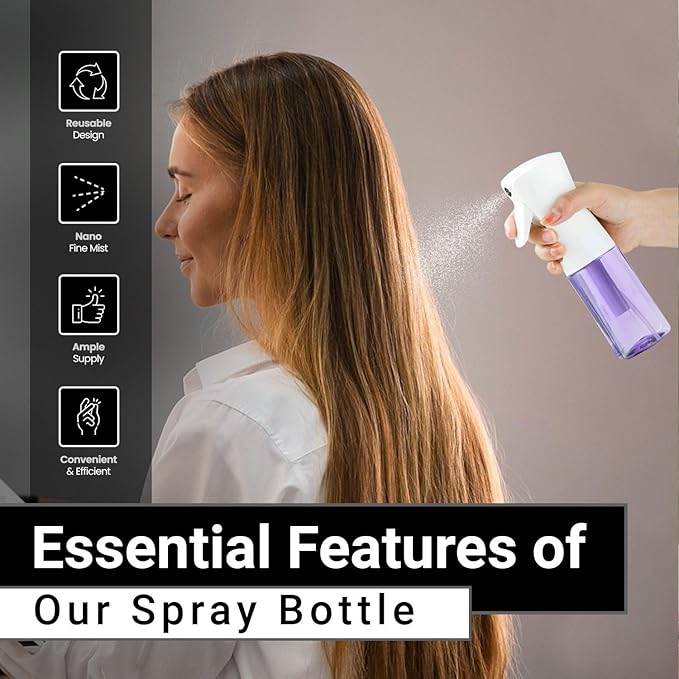 Continuous Mist Spray Bottle – Ultra Fine Mist for Hair Styling, Salon Use, and Versatile Applications – Ideal for Plants, Cleaning, and Travel – 5 oz Purple Octagon Shape Empty Bottle